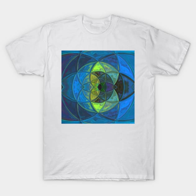 Mosaic Kaleidoscope Flower Blue and Green T-Shirt by WormholeOrbital